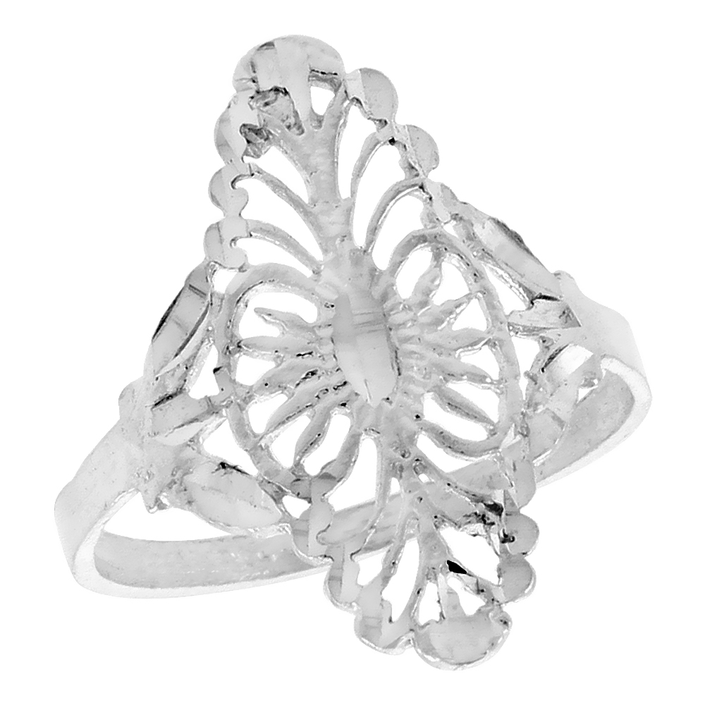 Sterling Silver Navette-shaped Filigree Ring for Women 1 inch Long