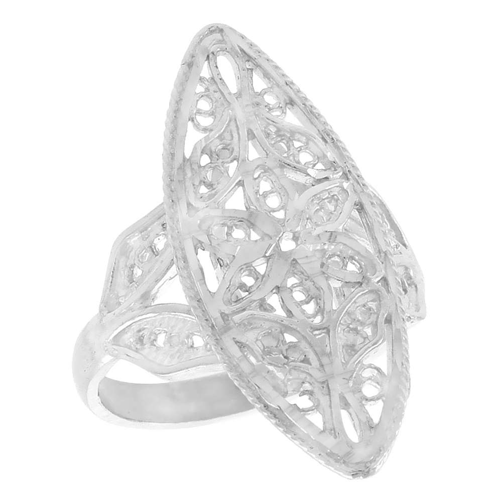 Sterling Silver Navette-shaped Floral Filigree Ring for Women 1 1/16 inch Long