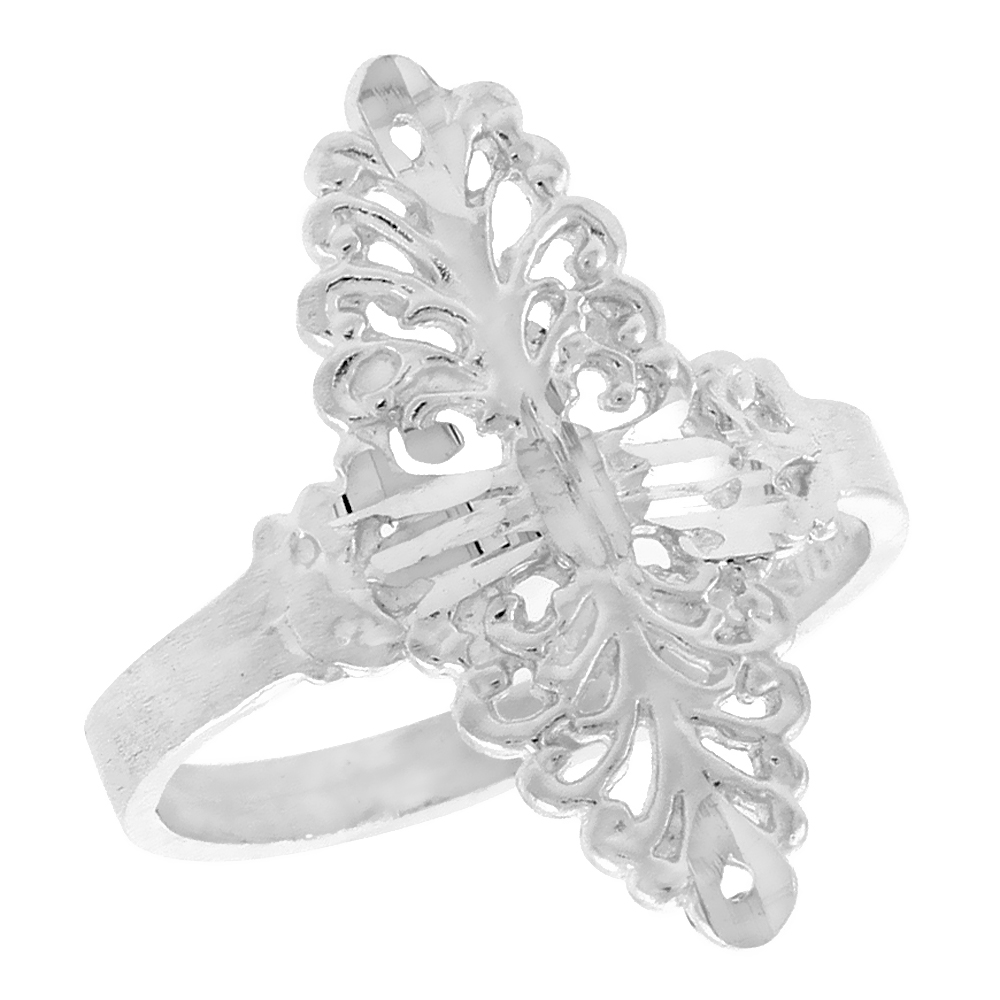 Sterling Silver Navette-shaped Filigree Ring for Women 7/8 inch Long
