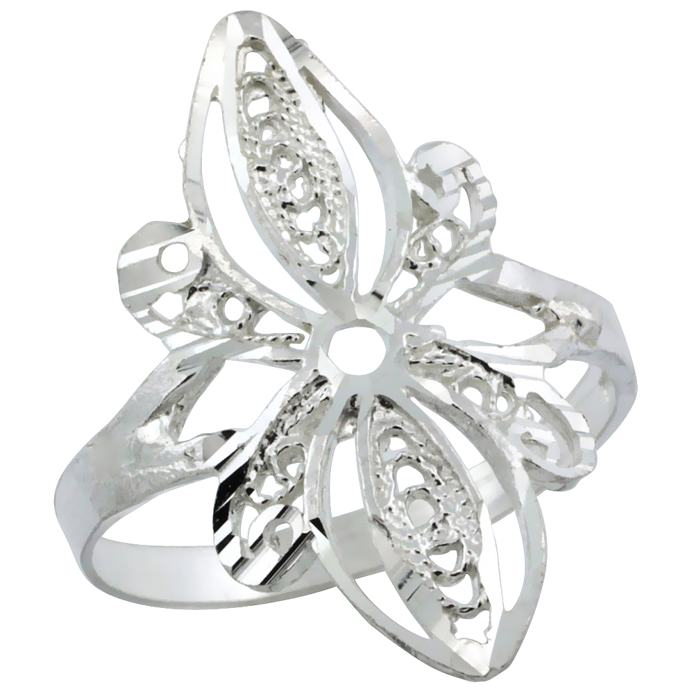Sterling Silver Floral Filigree Ring for Women 7/8 inch Long