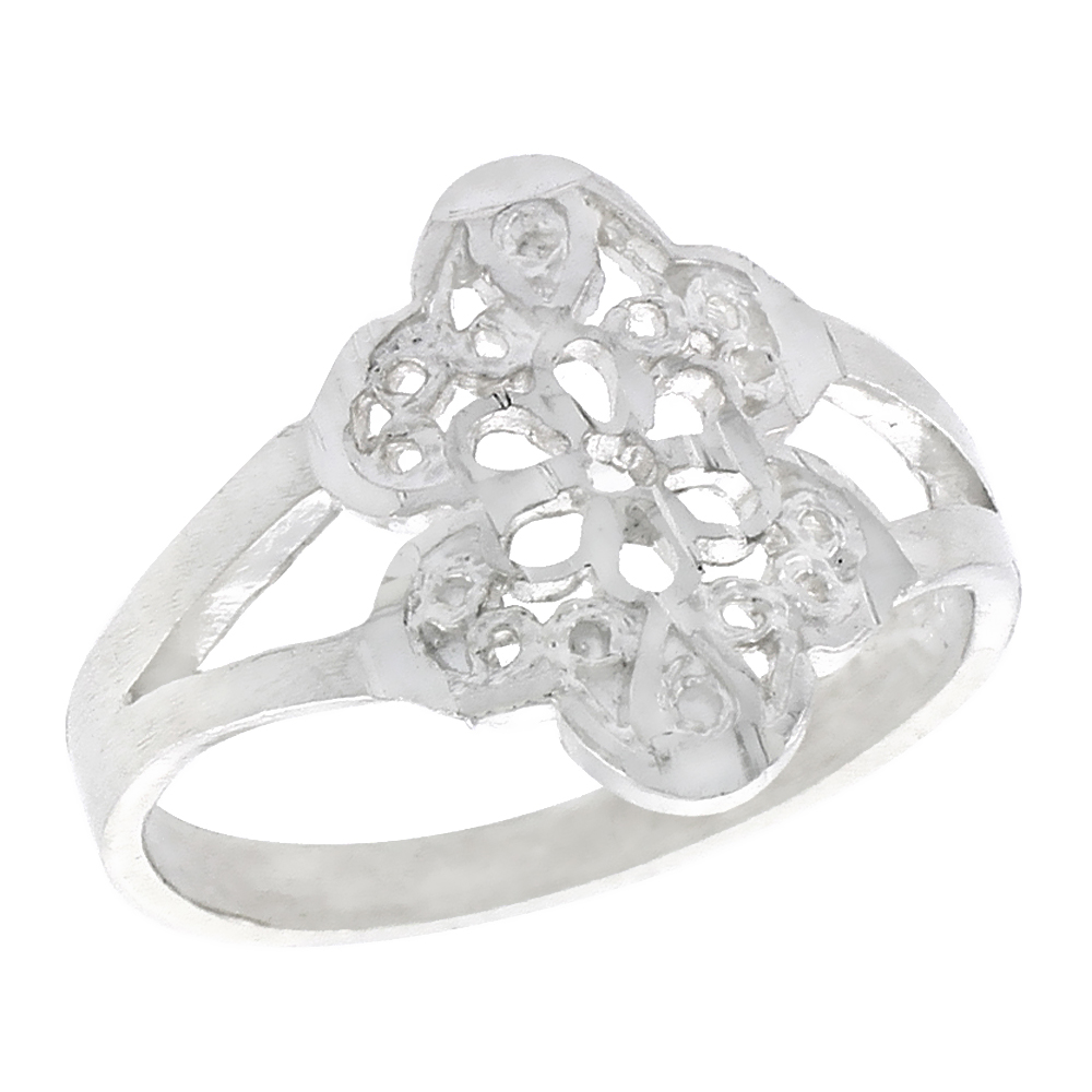 Sterling Silver Floral Filigree Ring for Women 5/8 inch Long