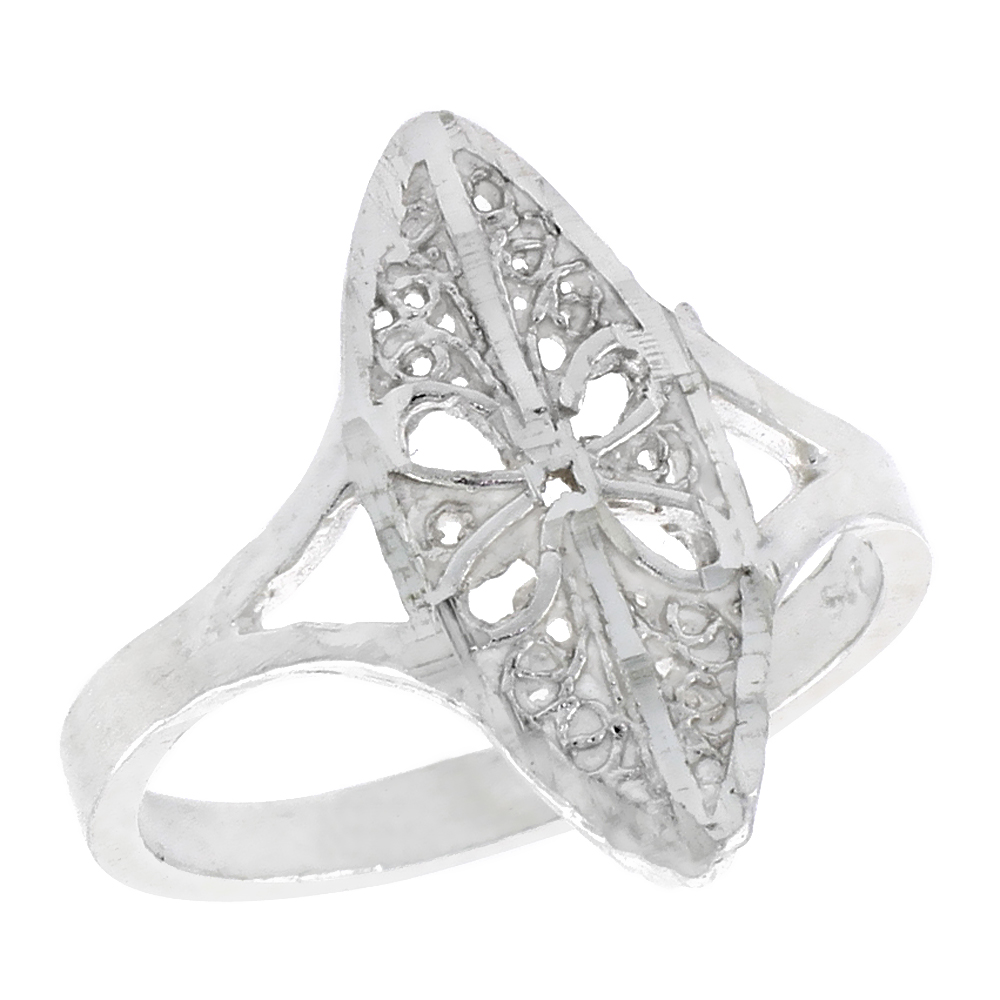 Sterling Silver Navette-shaped Floral Split Shank Filigreegree Ring for Women 3/4 inch Long