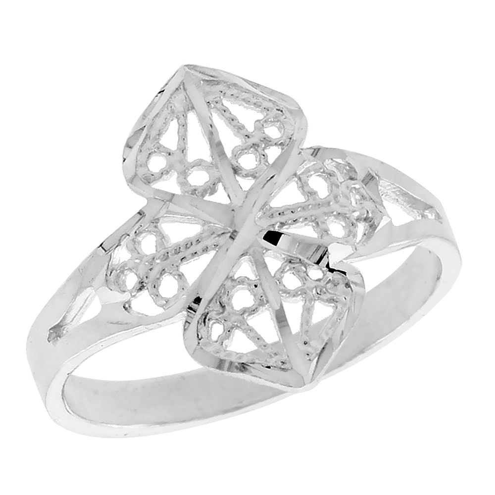 Sterling Silver Filigree Clover Ring for Women 3/4 inch Long
