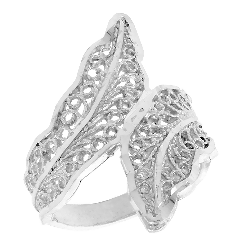 Sterling Silver Leaf Filigree Ring for Women 1 inch Long