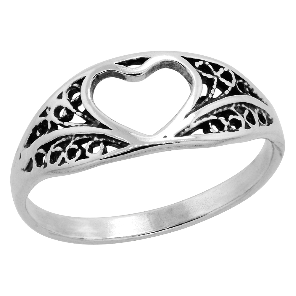 Sterling Silver Heart Cut-out Filigree Ring for Women Oxidized 5/16 inch sizes 5-10