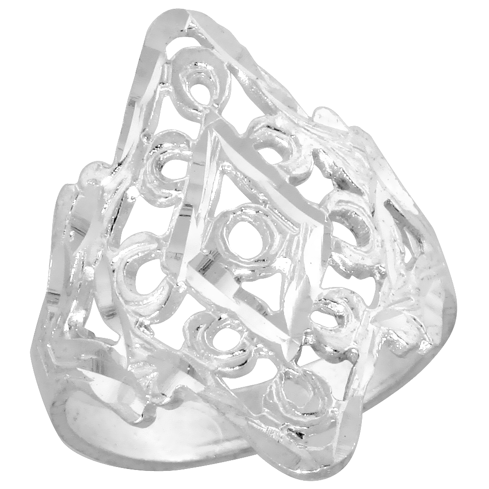 Sterling Silver Filigree Diamond-shaped Loop Ring for Women 7/8 inch Long