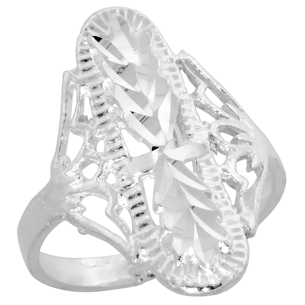 Sterling Silver Filigree Diamond-shaped Ring for Women 7/8 inch Long