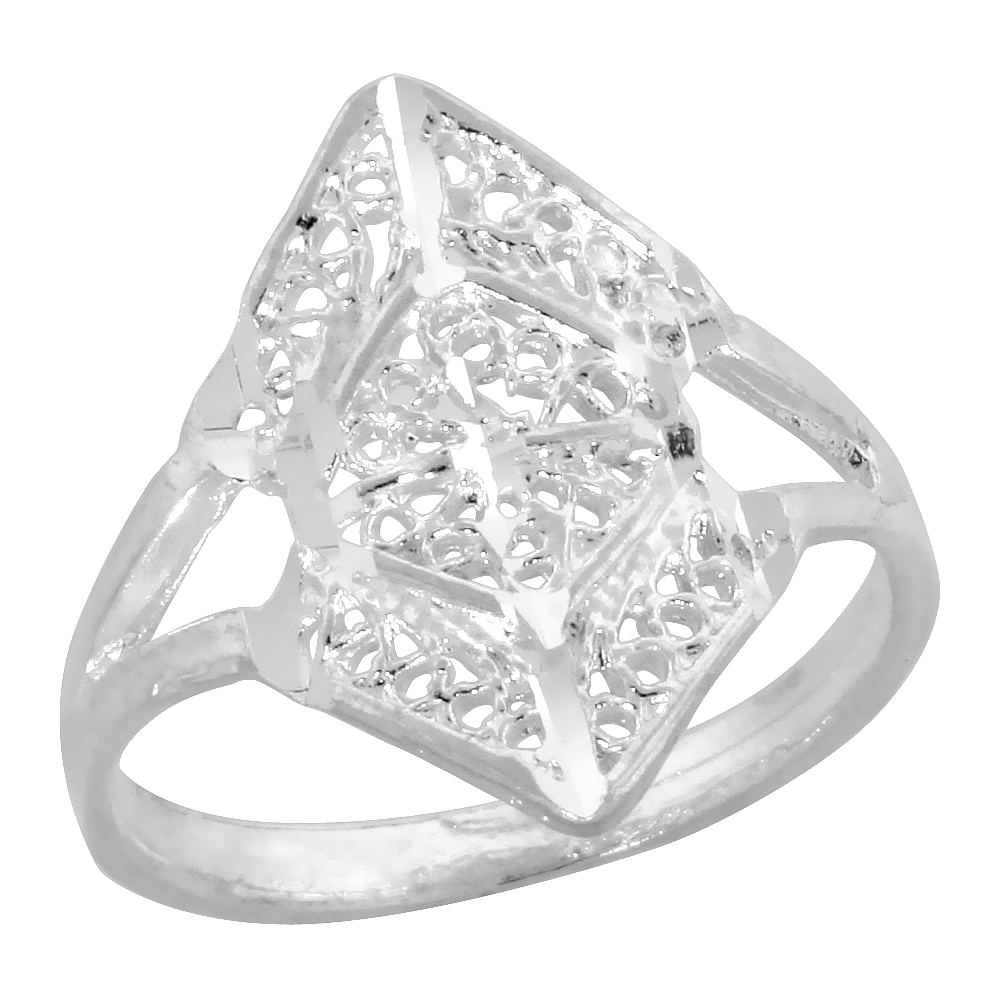 Sterling Silver Filigree Diamond-shaped Ring for Women 3/4 inch Long