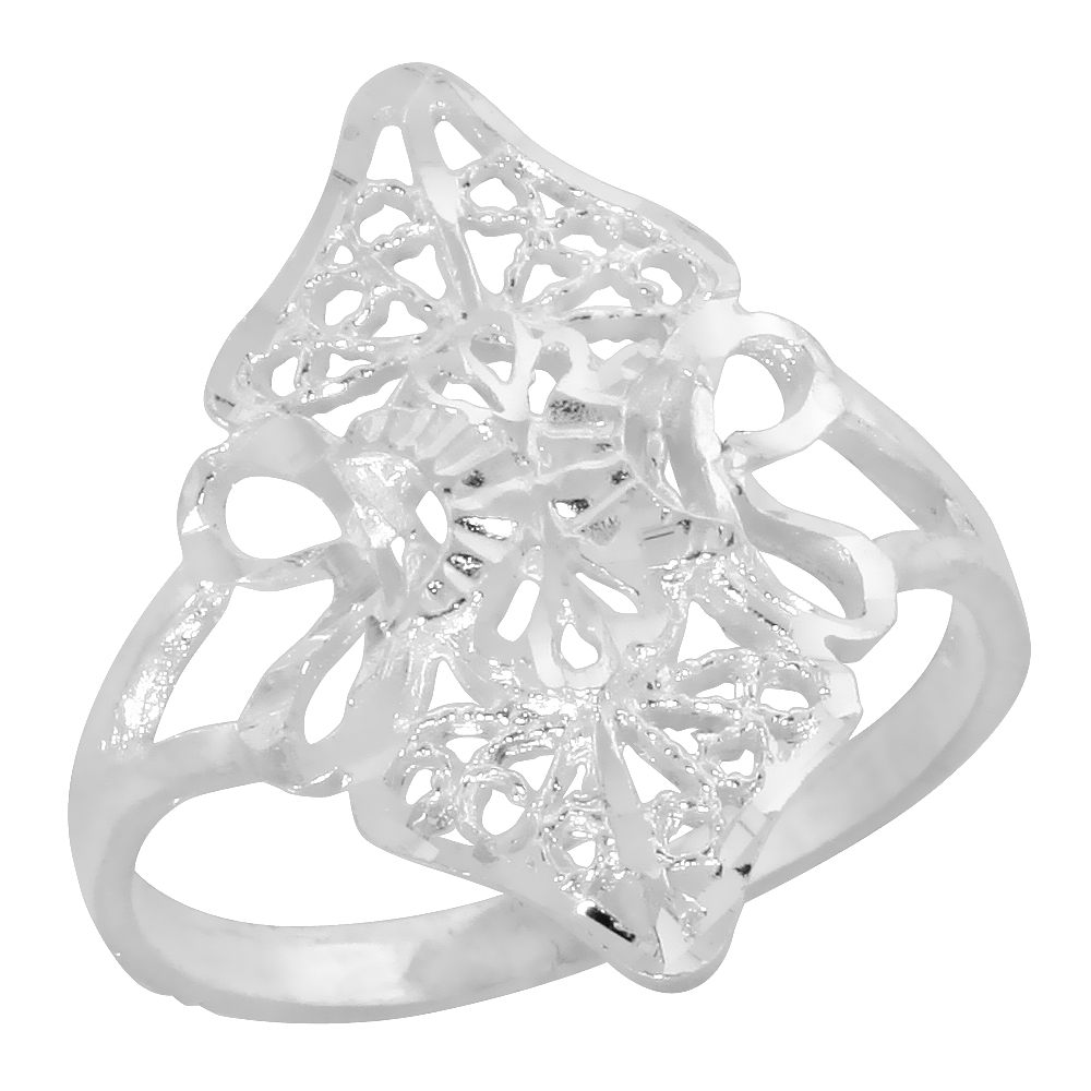 Sterling Silver Filigree Diamond-shaped Floral Ring for Women 3/4 inch Long