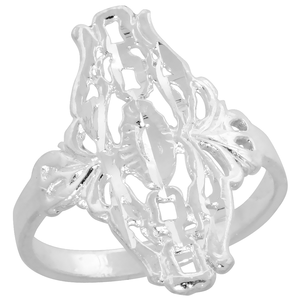 Sterling Silver Filigree Diamond-shaped Floral Ring for Women 7/8 inch Long