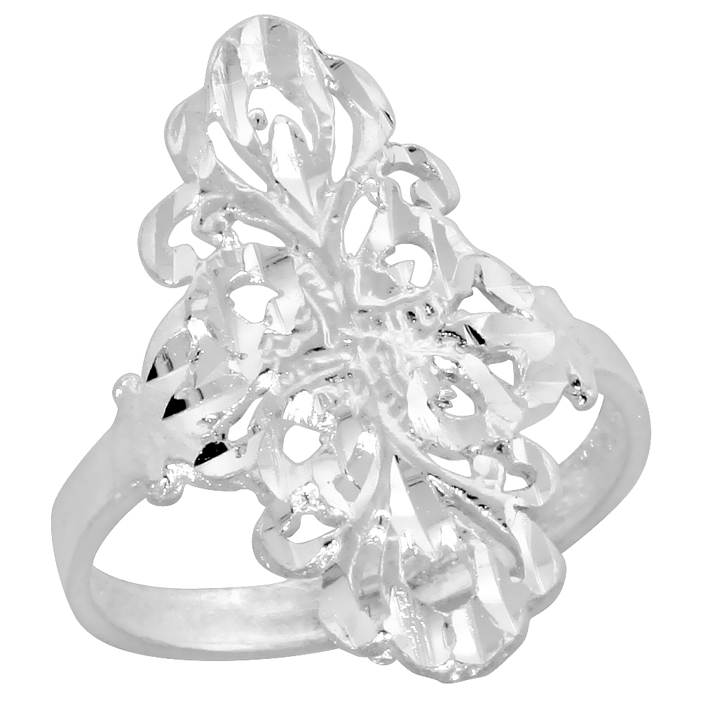 Sterling Silver Filigree Floral Ring for Women 7/8 inch Long