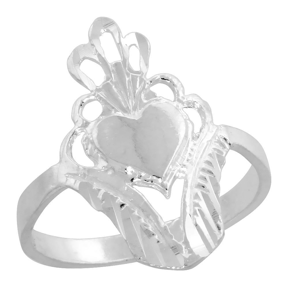 Sterling Silver Filigree Heart Ring with Crown with Crown for Women 3/4 inch Long