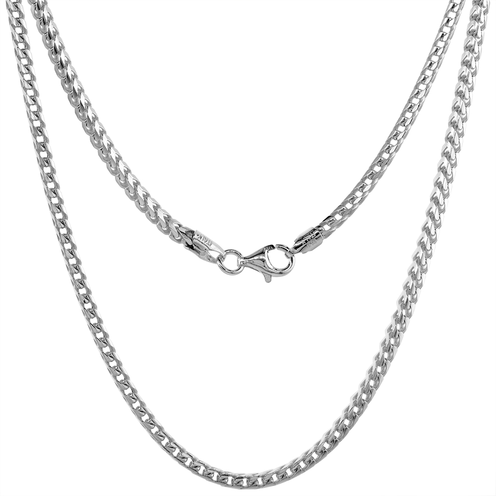 STERLING SILVER 2MM FRANCO CHAIN NECKLACE FOR MEN & WOMEN SQUARE LINK POLISHED FINISH NICKEL FREE ITALY 7-32 INCH