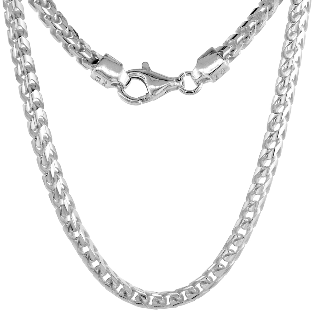 THICK STERLING SILVER 4MM FRANCO CHAIN NECKLACE FOR MEN POLISHED FINISH NICKEL FREE ITALY SIZES 20 - 36 INCH
