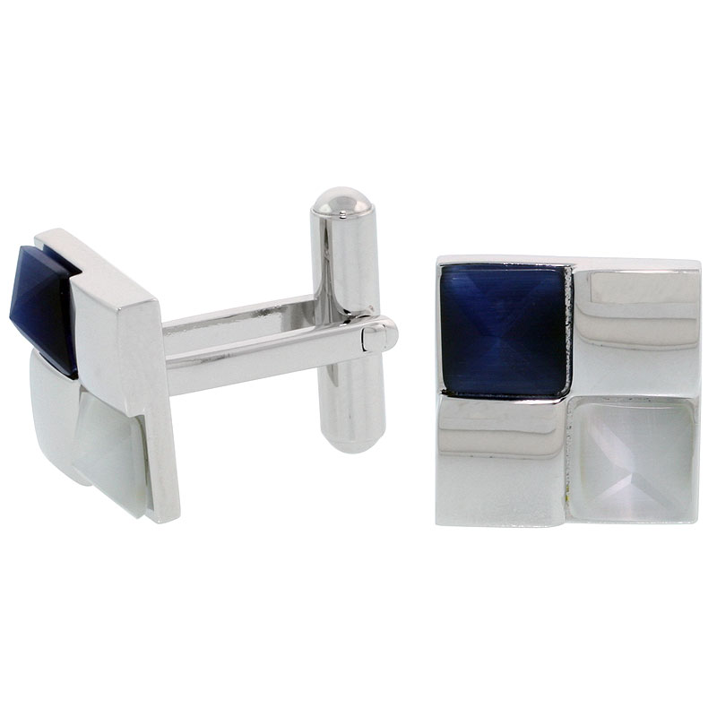 Stainless Steel Checkerboard Cufflinks, w/ Blue & White Pyramid Stones, 1/2 inch (14 mm)