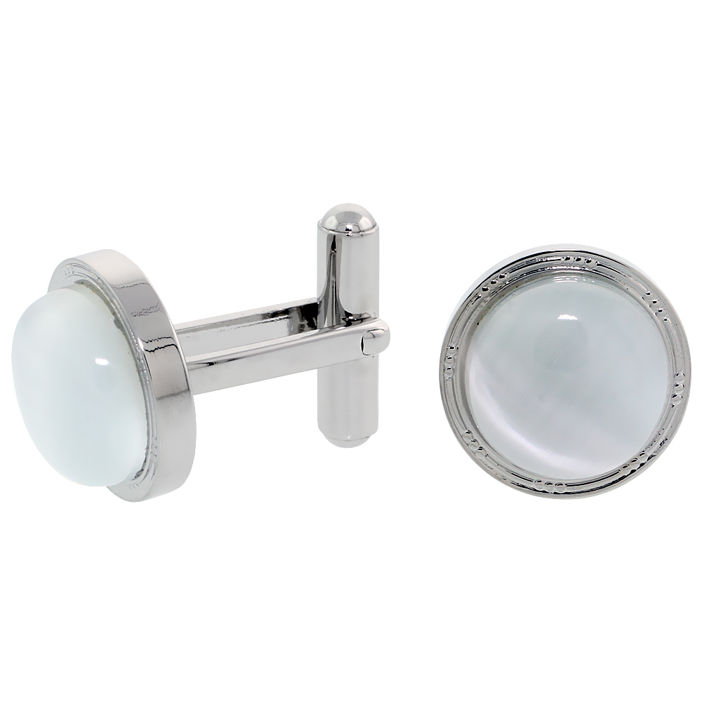 Stainless Steel Cufflinks with Cabochon Moonstone, 5/8 inch