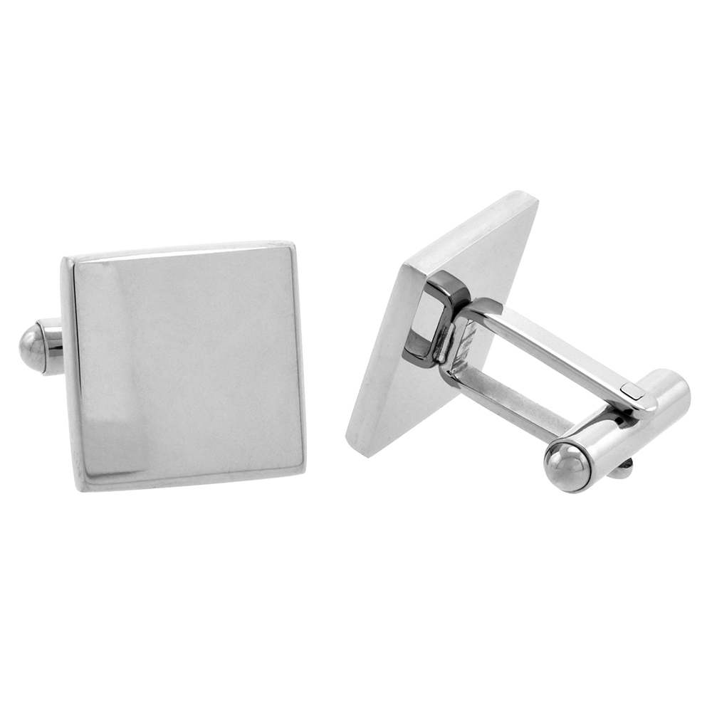 Stainless Steel Plain Square Cufflinks with Beveled Edges High Polished 5/8 x 5/8 in.