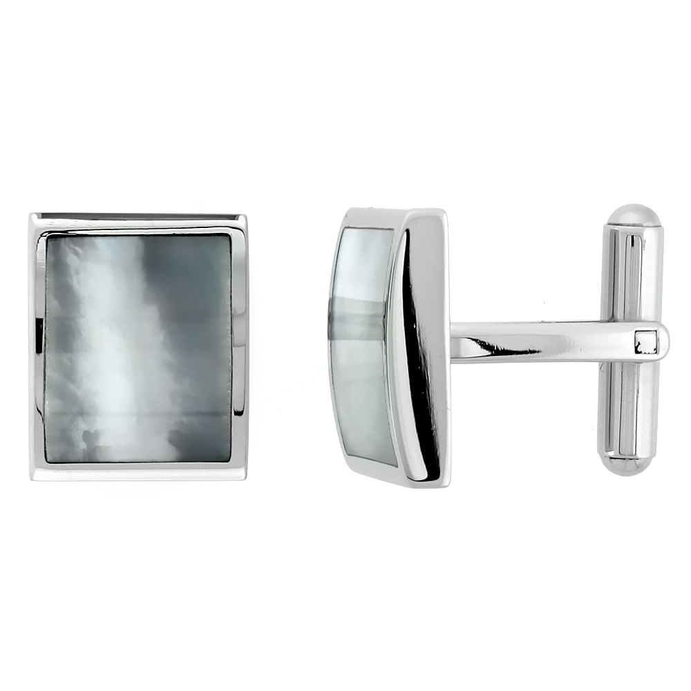 Stainless Steel Rectangular Shape Cufflinks w/ Natural Mother of Pearl Inlay, 5/8 x 1/2 in.