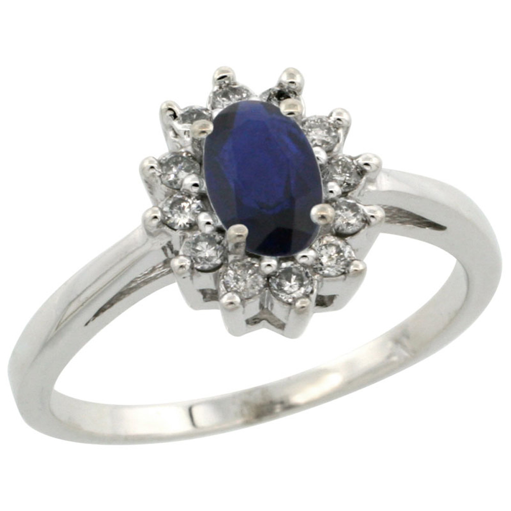 14k White Gold ( 6x4 mm ) Halo Engagement Created Blue Sapphire Ring w/ 0.212 Carat Brilliant Cut Diamonds & 0.45 Carat Oval Cut Stone, 7/16 in. (11mm) wide