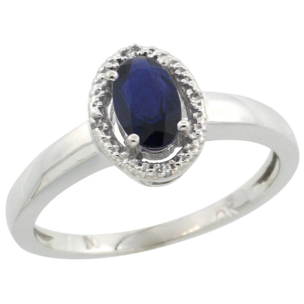 14k White Gold ( 6x4 mm ) Halo Engagement Created Blue Sapphire Ring w/ 0.007 Carat Brilliant Cut Diamonds & 0.55 Carat Oval Cut Stone, 3/8 in. (9mm) wide