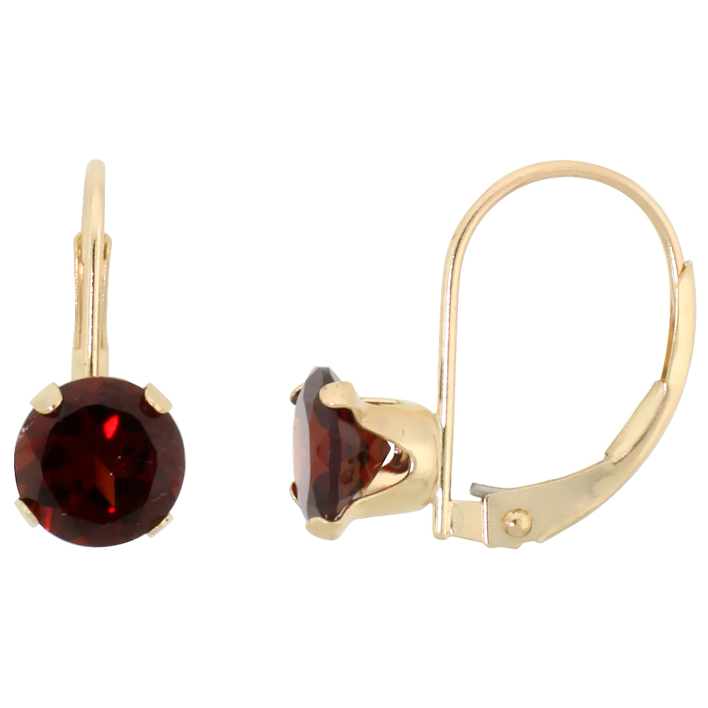 10K YELLOW GOLD NATURAL GARNET LEVERBACK EARRINGS 6MM BRILLIANT CUT JANUARY BIRTHSTONE, 9/16 INCH LONG