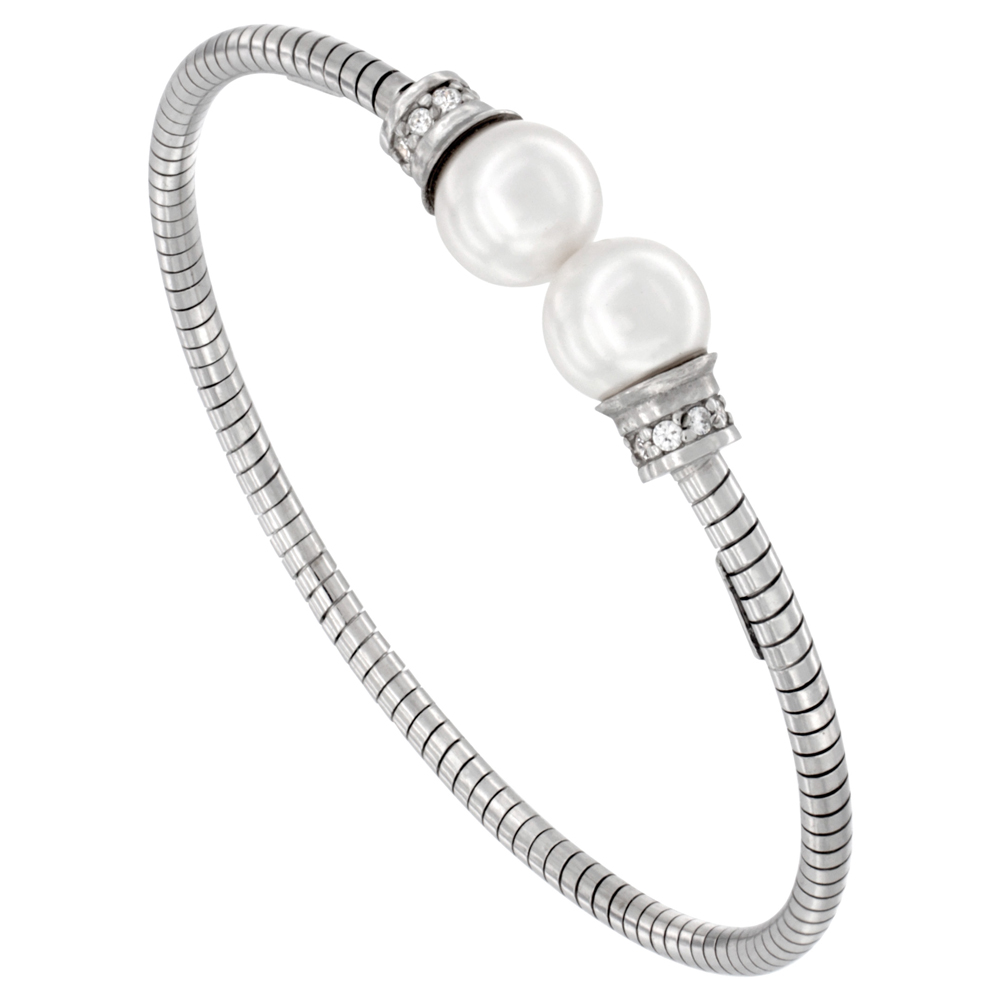 STERLING SILVER FLEX TUBE CUFF BRACELET AUSTRIAN CRYSTAL PEARL ENDS RHODIUM FINISH CZ STONES, 7 INCH