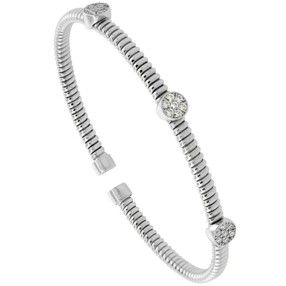 STERLING SILVER FLEX TUBE CUFF BRACELET ROUND CUBIC ZIRCONIA STATIONS RHODIUM FINISH, FITS 6 - 7 INCH WRISTS