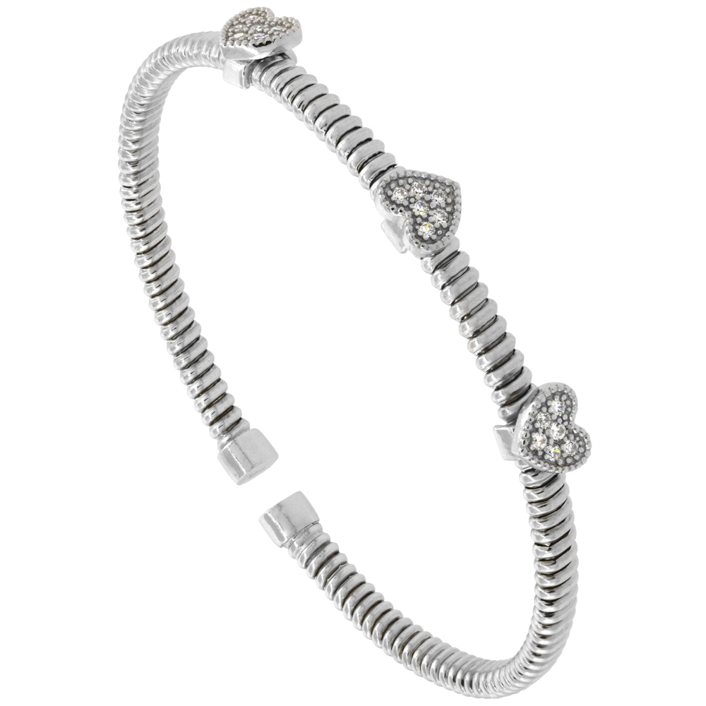 STERLING SILVER FLEX TUBE CUFF BRACELET HEART CUBIC ZIRCONIA STATIONS RHODIUM FINISH, FITS 6 - 7 INCH WRISTS