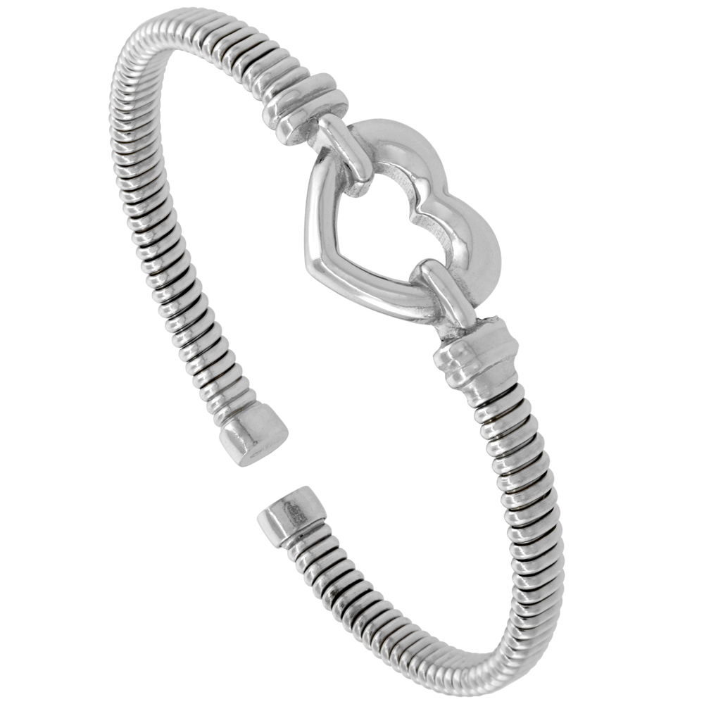 STERLING SILVER FLEX TUBE CUFF BRACELET WITH HEART RHODIUM FINISH, FITS 6 - 7 INCH WRISTS