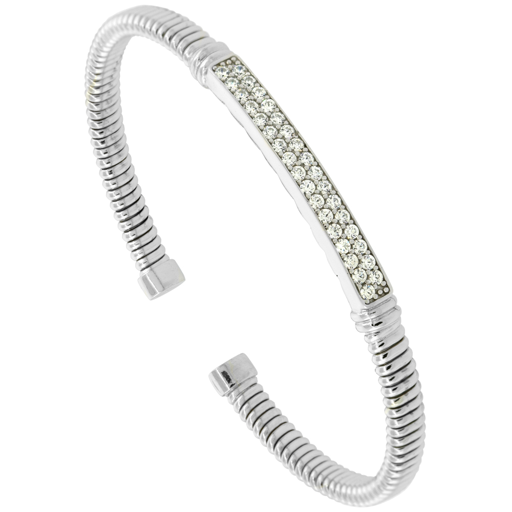 STERLING SILVER FLEX TUBE CUFF BRACELET CUBIC ZIRCONIA BAR RHODIUM FINISH, FITS 6 - 7 INCH WRISTS