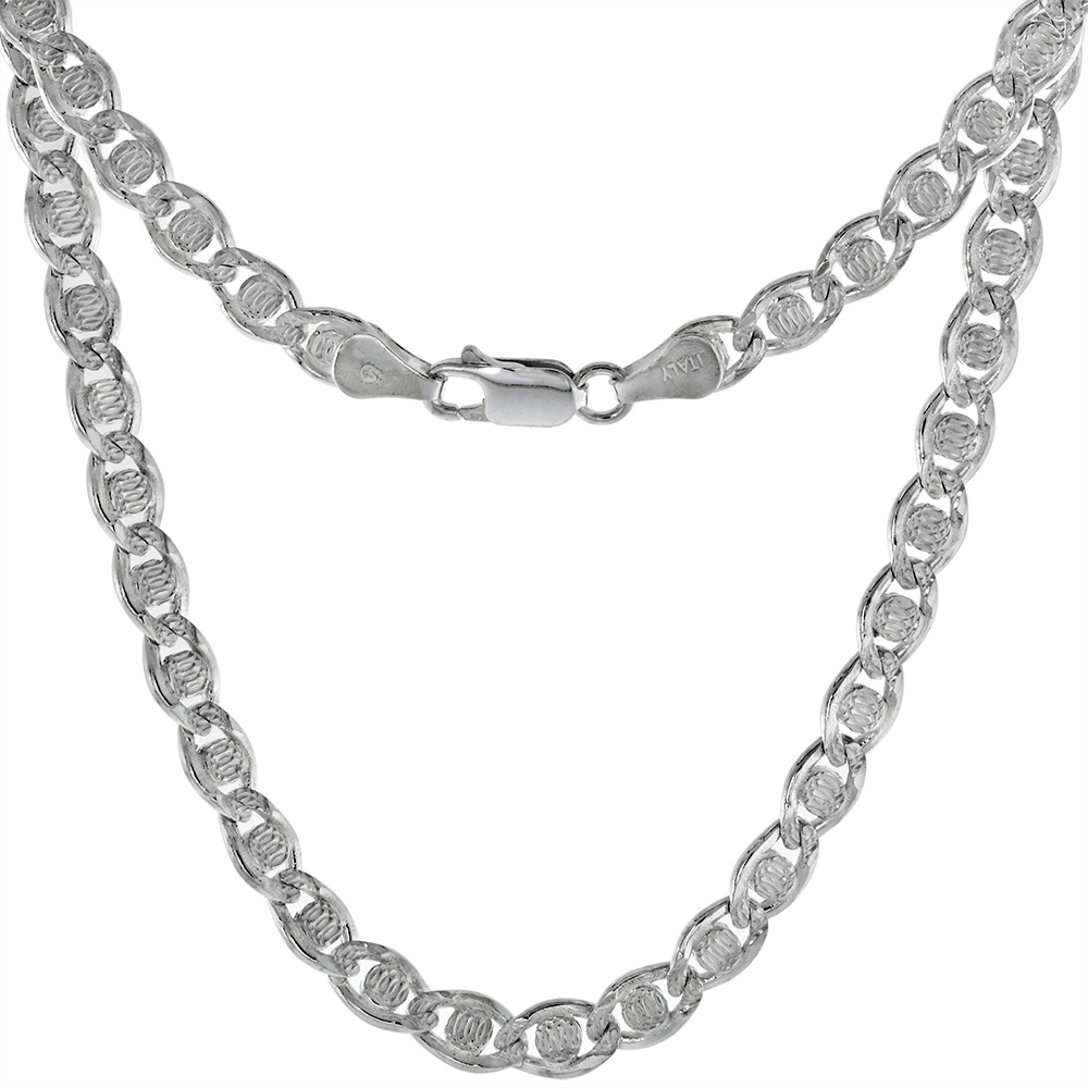 STERLING SILVER DIAMOND CUT ROUND BAR 5MM MARINER CHAIN NECKLACES & BRACELETS FOR MEN & WOMEN NICKEL FREE ITALY 7-30 INCH