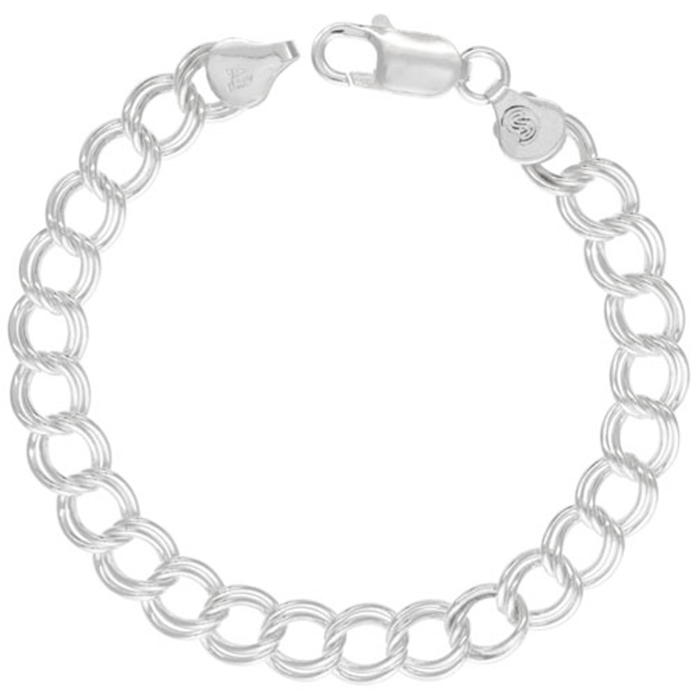 STERLING SILVER DOUBLE LINK CHARM BRACELET 8 MM MEDIUM LARGE NICKEL FREE ITALY, 5/16 WIDE SIZES 7-8 INCH