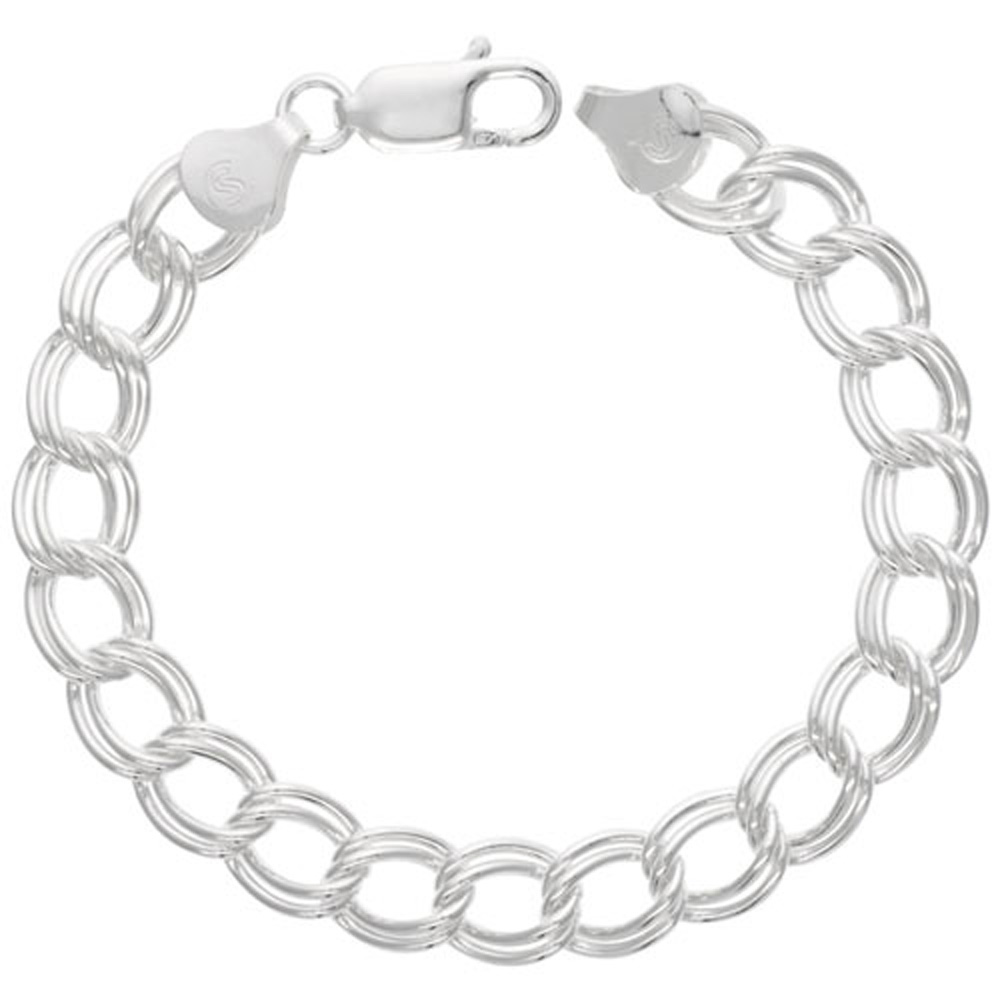 STERLING SILVER DOUBLE LINK CHARM BRACELET 9 MM LARGE NICKEL FREE ITALY, 3/8 WIDE SIZES 7 & 8 INCH
