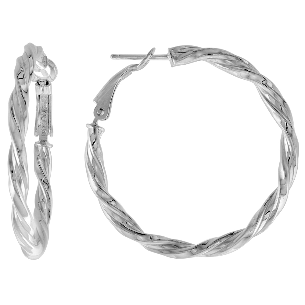 35mm Sterling Silver Twisted Hoop Paddle Back Earrings for Women Nickel Free Italy 1 3/8 inch Round