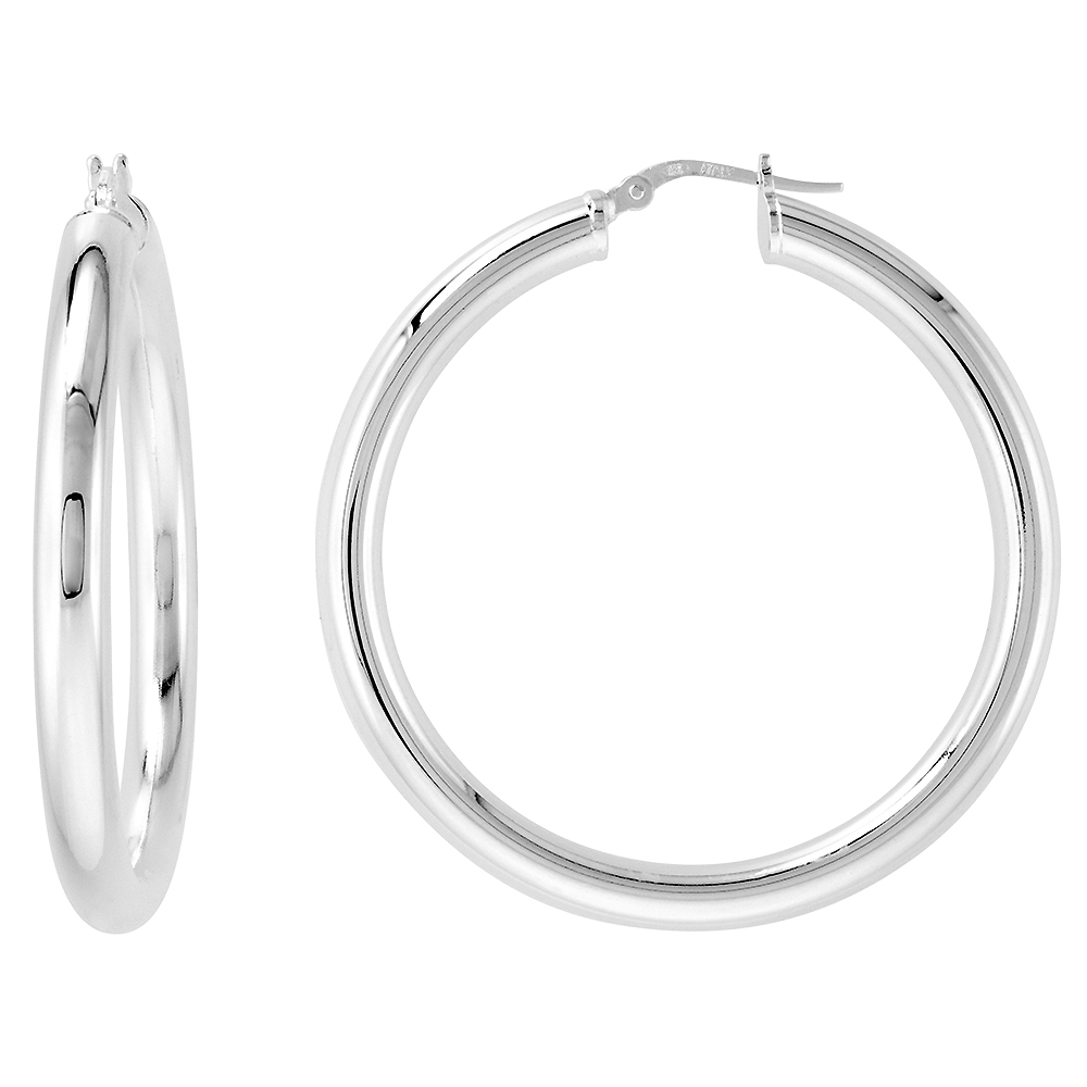 1 3/4 inch sterling silver 45mm Hoop Earrings 4mm tube Plain Polished Nickel free Italy