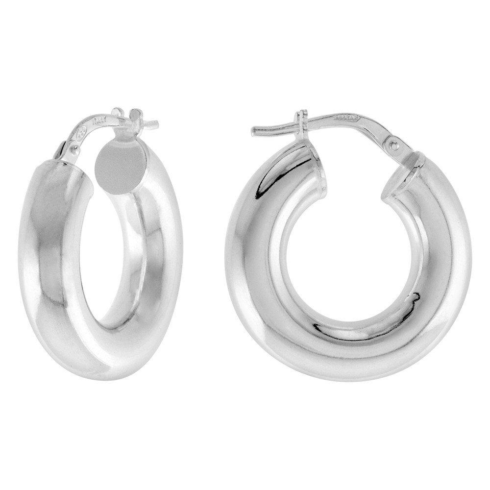 3/4 INCH STERLING SILVER 20MM HOOP EARRINGS 5MM THICK TUBE PLAIN POLISHED NICKEL FREE ITALY