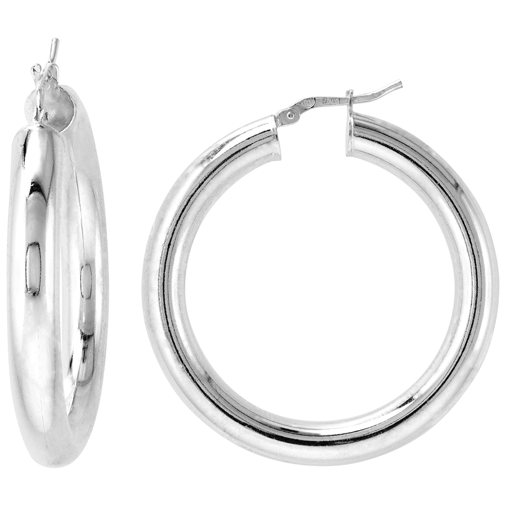 1 1/2 INCH STERLING SILVER 40MM HOOP EARRINGS 5MM THICK TUBE PLAIN POLISHED NICKEL FREE ITALY