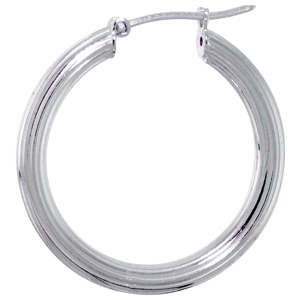 Sterling Silver 1 inch Textured Hoop Earrings for Women Click Top 3mm Tube Linear Grooves 26mm round Italy