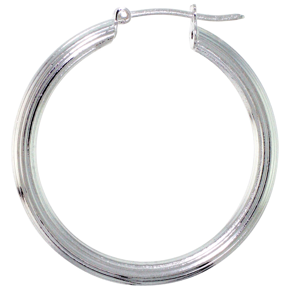 Sterling Silver 1 1/8 inch Textured Hoop Earrings for Women Click Top 3mm Tube Linear Grooves 29mm round Italy