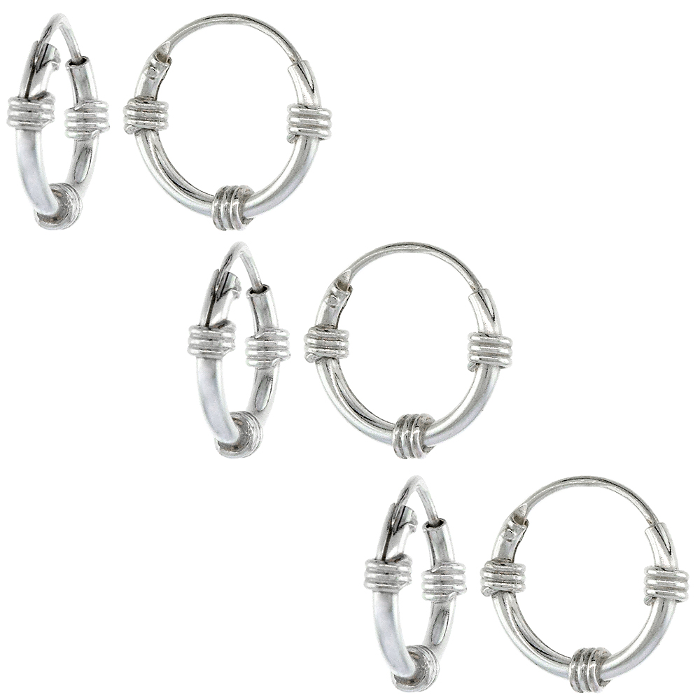 3 Pairs Sterling Silver Bali Style Endless Hoop Earrings for ears Nose and lips 1/2 inch 12mm