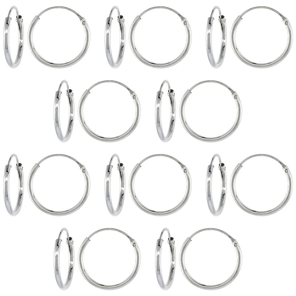 10 Pairs Sterling Silver Endless Hoop Earrings for men and women thin 1 mm tube 7/16 inch 14mm