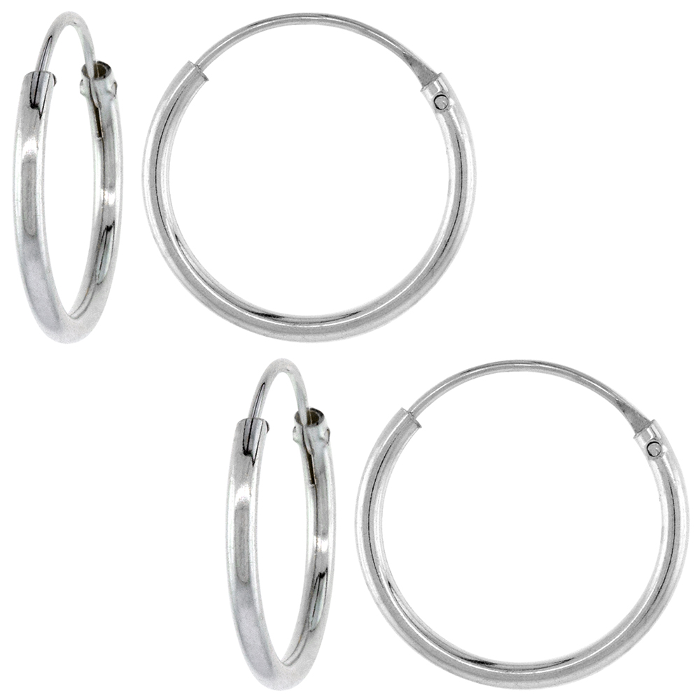 2 Pairs Sterling Silver Endless Hoop Earrings for men and women thin 1 mm tube 7/16 inch 14mm