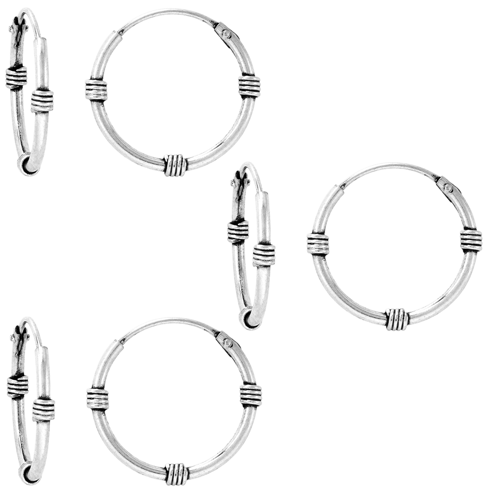 3 Pairs Sterling Silver Bali Style Endless Hoop Earrings 1 mm tube 5/8 inch 15mm