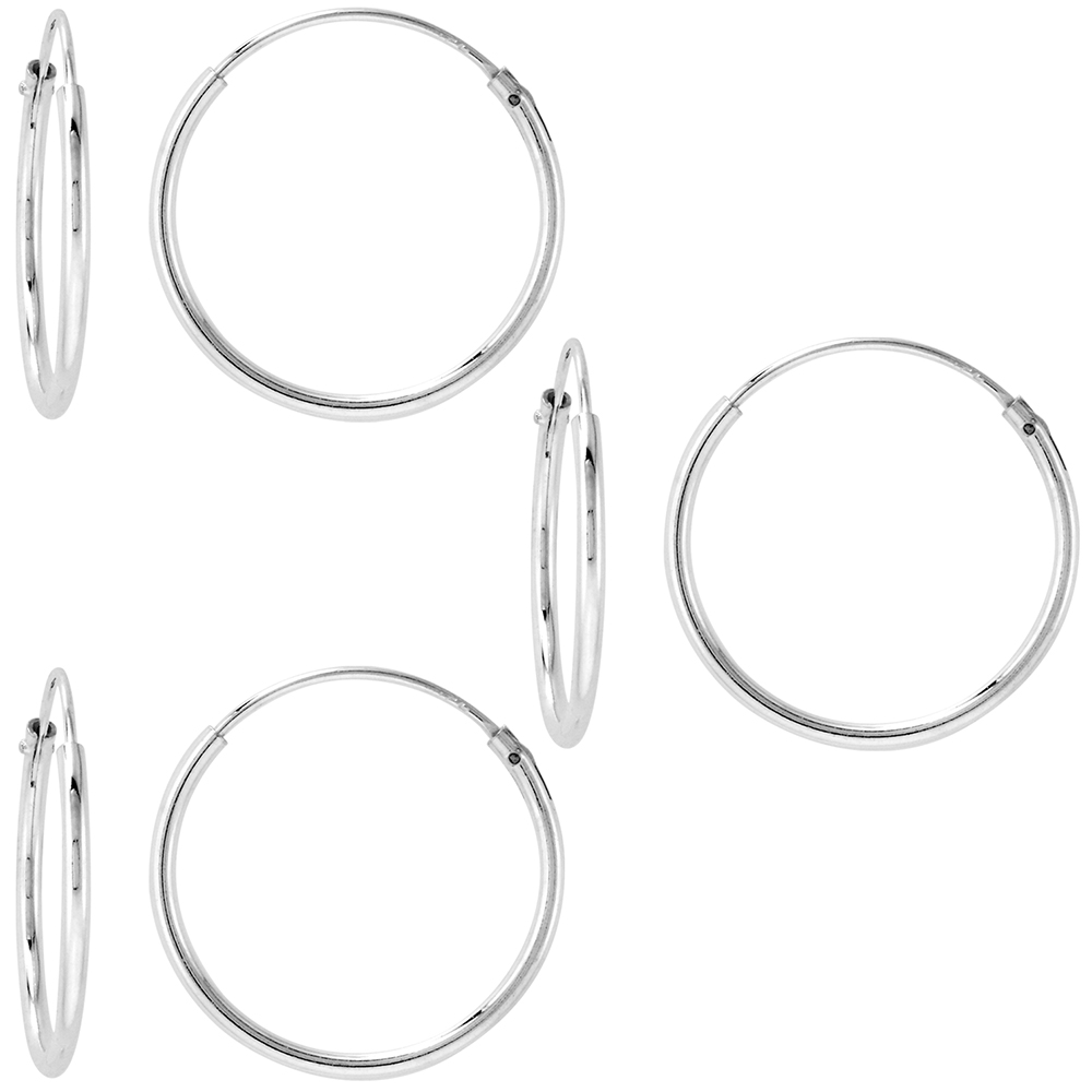 3 Pairs Sterling Silver Endless Hoop Earrings thin 1 mm tube 3/4 inch 18mm