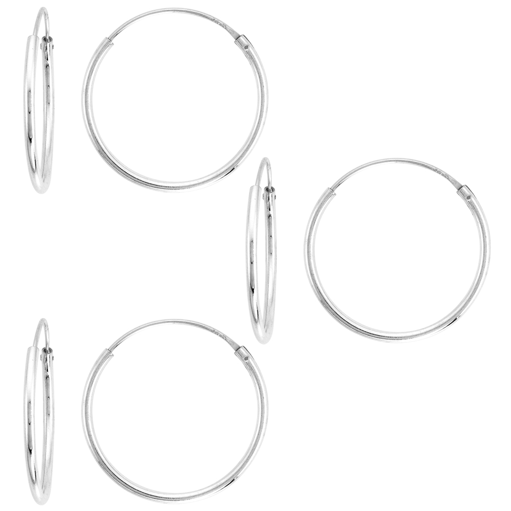 3 Pairs Sterling Silver Endless Hoop Earrings thin 1 mm tube 3/4 inch 20mm