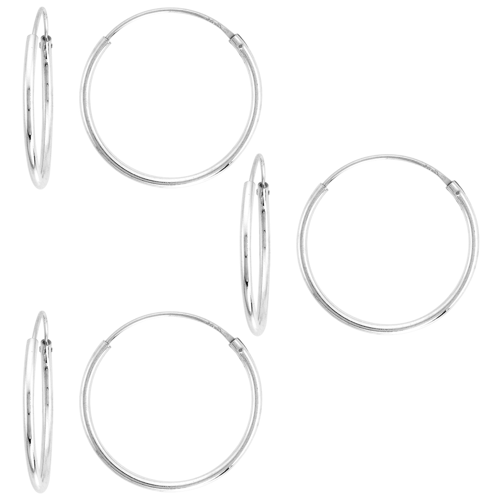 3 Pairs Sterling Silver Endless Hoop Earrings thin 1 mm tube 3/4 inch 20mm