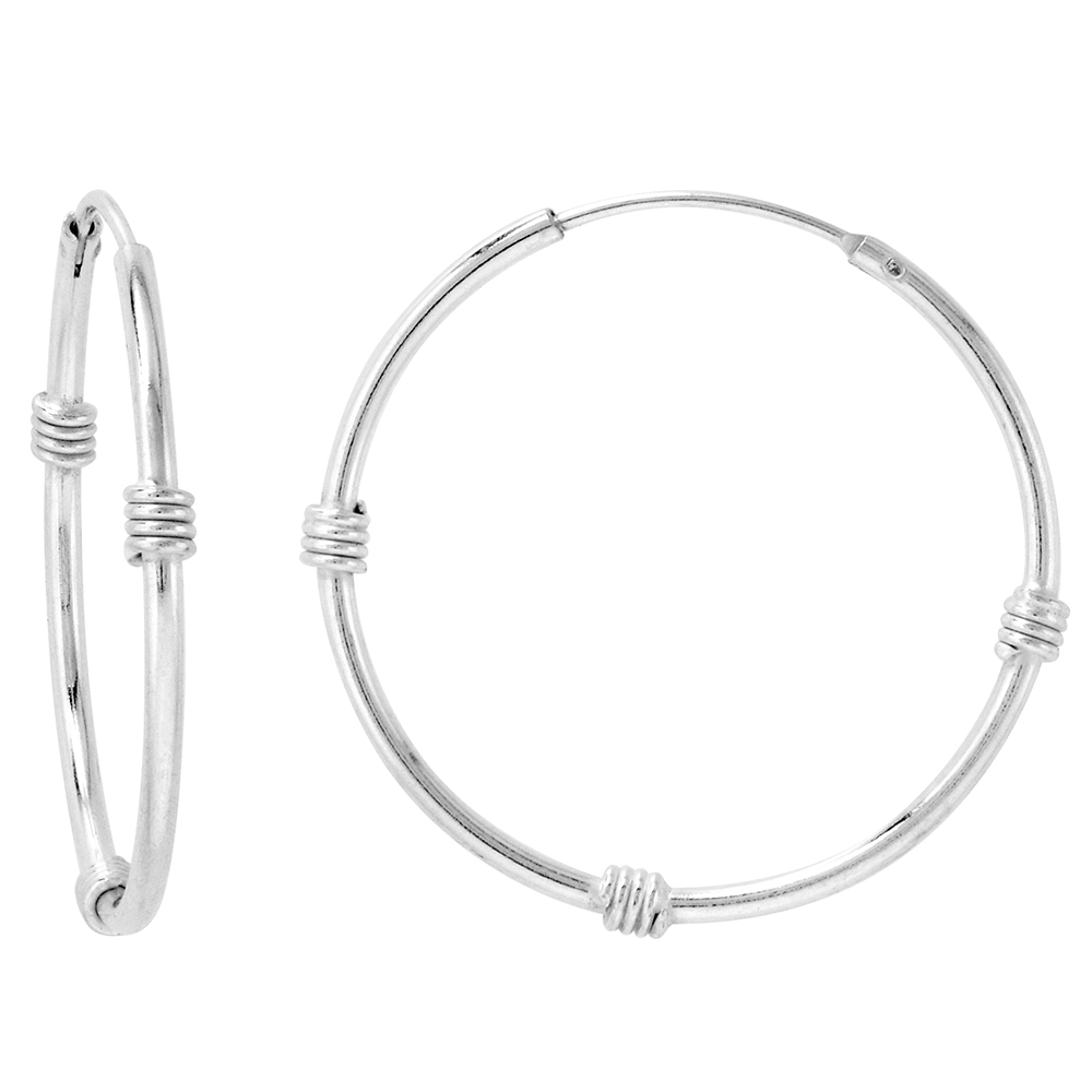 Sterling Silver Bali Style Endless Hoop Earrings thin 1 mm tube 1 inch 25mm