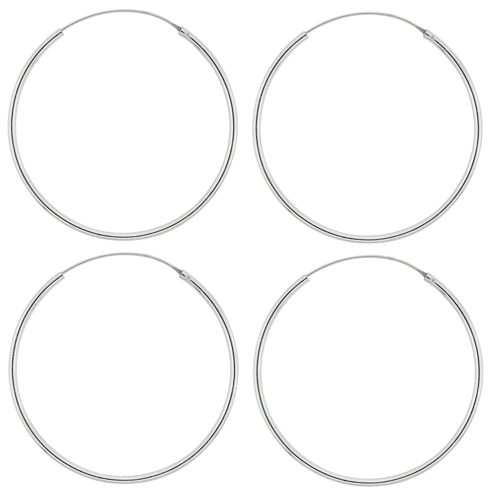 2 Pairs Sterling Silver Endless Hoop Earrings thin 1 mm tube 1 3/4 inch 45mm