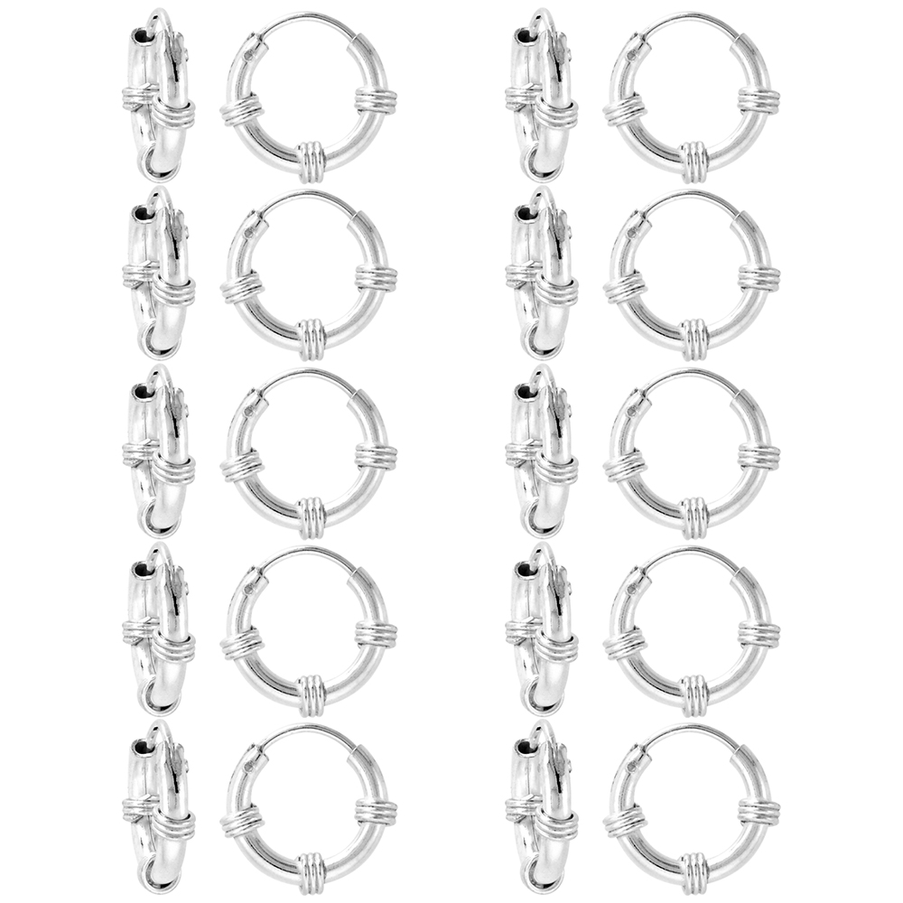 10 Pairs Bali Style 2mm Thick Sterling Silver 12mm Endless Hoop Earrings for ears Nose and lips1/2 inch