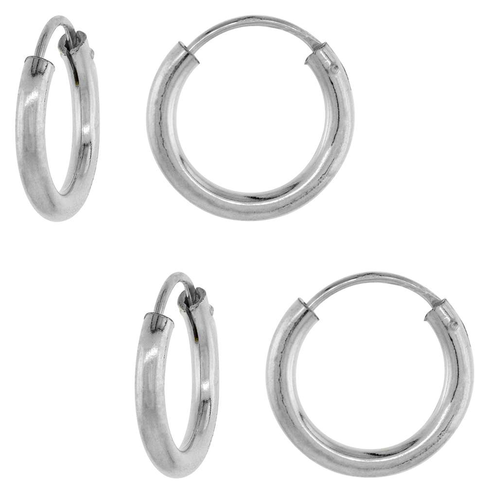 2 Pairs 2mm Thick Sterling Silver 14mm Endless Hoop Earrings for men and women 9/16 inch Round